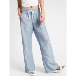 Athleta Cabo Linen Wide Leg Pants Womens 2 Blue Heather Drawstring Beach Summer
